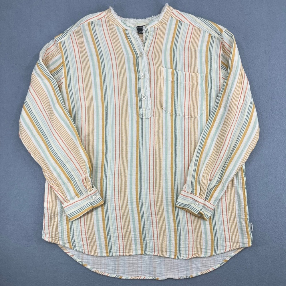 Eddie Bauer Womens Large Striped Cotton Gauze Henley Top Multi-Color Long Sleeve